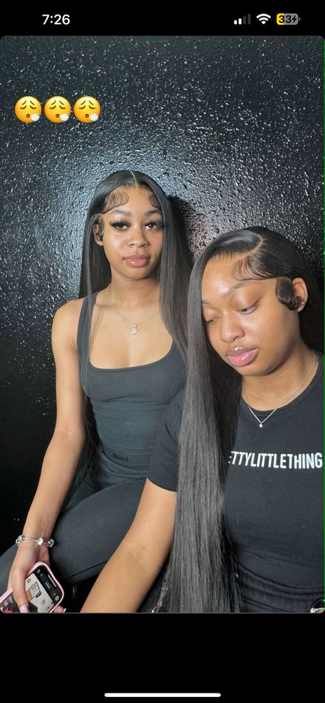 Two Bangs With Ponytail Black Women, Middle Part With Fluffy Edges, Two Braid Wig Hairstyles, Krimped Hairstyles Middle Part, Straight Flip Over Quick Weave, Matching Wigs With Bestie, Flat Iron Natural Hair Black Women, Bestie Hairstyles, Matching Hairstyles For Friends