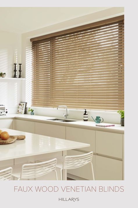 Warm Wooden Blinds in an all white modern kitchen space. Shutters Kitchen Window, Kitchen Blinds Ideas Above Sink, Above Sink Light, Wooden Blinds Kitchen, Kitchen Blinds Ideas, Blinds Kitchen, Faux Blinds, Modern Shutters, Room Blinds