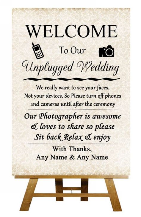 Shabby Chic Unplugged No Cameras No Phones Personalised Wedding Sign PosterDigitally printed onto high quality 350gsm satin card and then gloss Cameras At Wedding, No Phone, Nye Wedding, Unplugged Wedding, Ship Wedding, Personalized Wedding Sign, Future Wedding Plans, Cute Wedding Ideas, Wedding Planning Advice