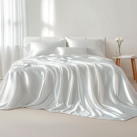 PRICES MAY VARY. Silky Texture: Designed to mimick the lavish feel of silk, these silky sheets offer exceptional softness, a buttery-smooth touch, and refined elegance. This satin sheet is Standard 100 by OEKO-TEX certified for meeting the highest testing criteria for harmful chemicals. Skin and Hair-Friendly: The silky texture of satin is easy on your hair and skin, preventing tugging and irritation throughout the night. Multiple Colors: Bedsure satin sheet set brings an effortlessly chic style White Satin Bedding, Silk Bedsheets Aesthetic, White Silk Sheets Aesthetic, White Silk Bed Sheets, Silk Sheets Aesthetic, White Silk Sheets, White Satin Sheets, Utk Dorm, Hotel Room Photography