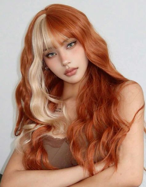 Long Curly Orange Hair, Orange Blonde Hair Color, Blonde And Red Hair Highlights, Orange Hair Blonde Highlights, Blonde With Orange Highlights, Orange With Blonde Highlights, Orange Hair With Blonde Highlights, Orange Hair With Bangs, Orange Hair Makeup