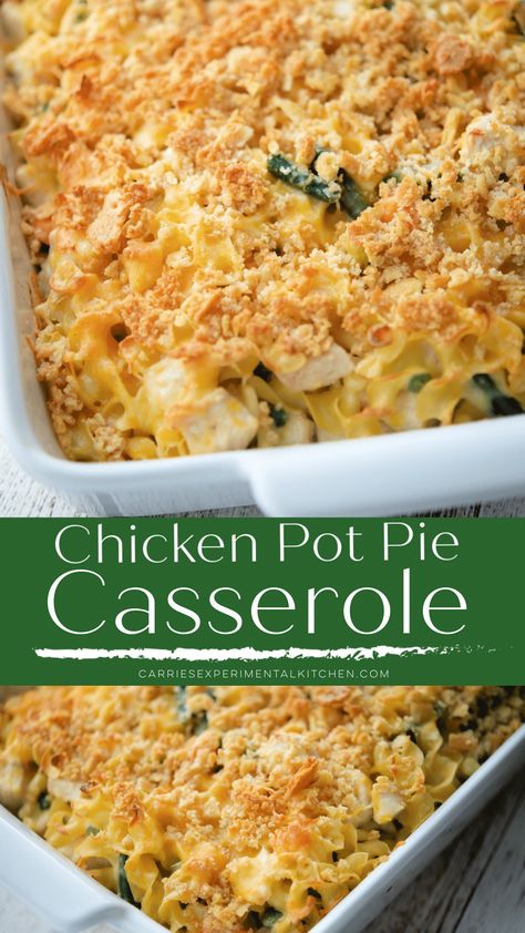 Chicken Pot Pie Casserole | Carrie’s Experimental Kitchen Chicken Noodle Ritz Casserole, Egg Noodle Chicken Pot Pie, Chicken Pot Pie With Ritz Crackers, Chicken Pot Pie With Ritz Cracker Topping, Ritz Cracker Recipes Dinners, Chicken Pot Pie Noodle Bake, Chicken Pot Pie With Egg Noodles, Chicken Pot Pie Noodle Casserole, Chicken Pot Pie Casserole With Noodles