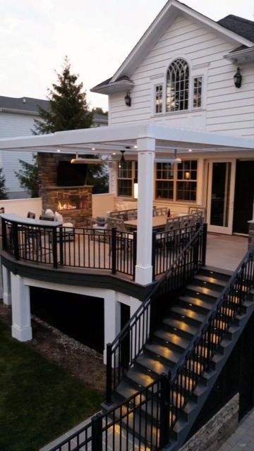 Deck Ideas Side Of House, Backyard With Deck And Pool, Porch With Deck Attached, Small Deck Renovation Ideas, Patio Porch Ideas Backyards, Deck Along Back Of House, Decks With Fireplaces Outdoor, Lifted Patio Deck, Deck Off Front Of House