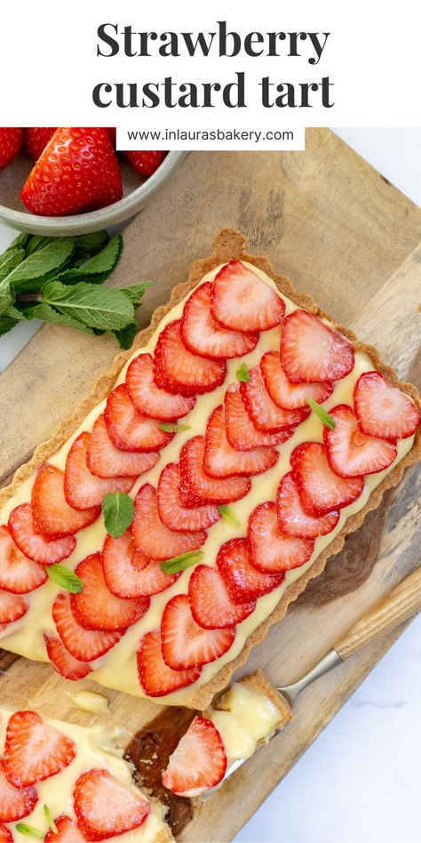 Strawberry custard tart recipe Strawberry Custard Tarts, Strawberry Custard Pie, Custard Tart Recipe, Recipe With Strawberries, Creme Brulee Pie, Summer Pies, Strawberry Custard, Custard Tarts Recipe, Strawberry Cupcake Recipes