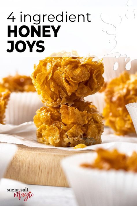 Nostalgic for many, Honey Joys are also the perfect fun party snack. Just 4 ingredients and 10 minutes effort, the sweet combination of honey and cornflakes is completely addictive. Honey joys (sometimes known as honey crackles) are a treat that every Australian grew up with (found often at birthday parties). Simply melt, mix then bake and they’re ready to go. So crunchy, sweet and chewy and just try to say no to a second one. Honey Crackles, Honey Joys Recipe, Honey Joys, Honey Cornflakes, Simple Chocolate Chip Cookies, Honey Snacks, Honey Dessert, Gold Dessert, Bite Size Food