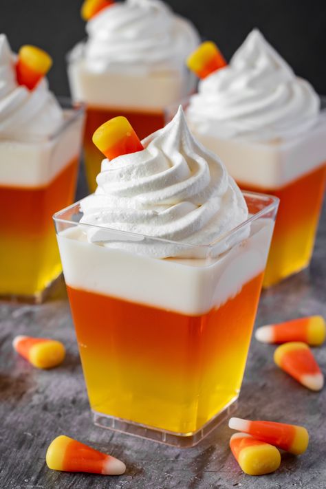 Candy Corn Fruit Parfait, Mini Jello Desserts Cups, Candy Corn Jello Cups, Candy Corn Parfait, Mini Jello Cups, Halloween Jello Recipes, Candy Corn Food Ideas, Halloween Gelatin Desserts, Pudding Halloween Cups