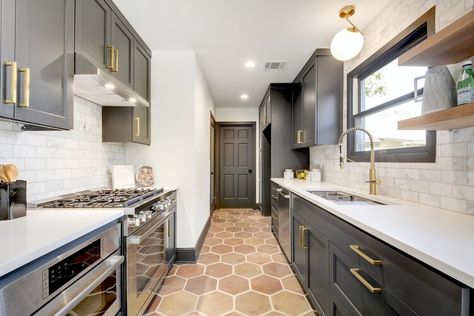 Sophisticated Saltillo Tile 1980s Remodel Transformation in West Austin Enfield Neighborhood 78703 — making modern home Saltillo Tile Kitchen, Mexican Tile Floor, Saltillo Tile Floor, Terracotta Flooring, Saltillo Tile, Floor Tile Design, Clay Tiles, Kitchen Floor Tile, Terracotta Tiles