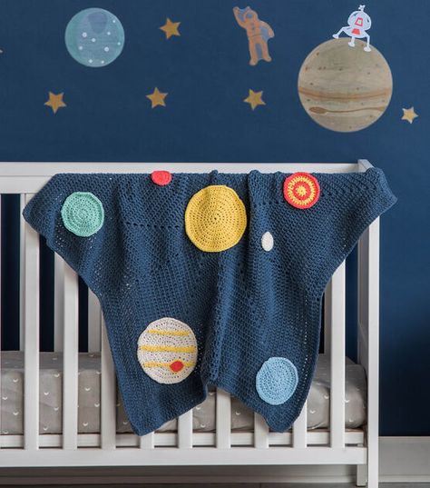 How To Make Bernat® Baby Blanket™ Solar System Crochet Baby Blanket Online | JOANN Space Themed Crochet, Unique Crochet Blanket, Bernat Baby Blanket, Crochet Blanket Pattern Easy, Easy Crochet Blanket, Crochet Blanket Designs, Easy Crochet Patterns Free, Crochet Patterns Free Blanket, Crochet Baby Blanket