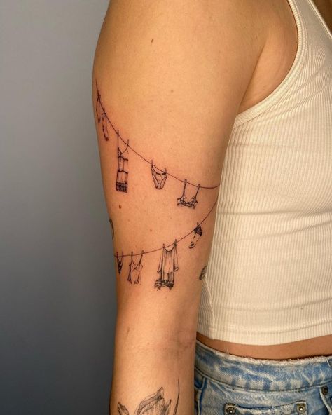 Jen ❤️ Chicago tattoo artist | Dainty clothes-line custom tattoo for the most beautiful, kind, and goofy pal! I'm lucky to know you 💕 love this how this turned out it... | Instagram Desert Tattoo, Lucky Tattoo, Chicago Tattoo, Line Tattoo, Little Tattoos, Custom Tattoo, Line Tattoos, Clothes Line, Tattoo Artist