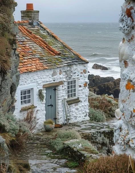 Rustic Seaside Cottage, Nova Scotia House, Cottage By The Beach, Seaside Cottage Exterior, House Sea View, Seaside Cabin, Shell Cottage, Yellow Kitchen Cabinets, Ocean Cottage