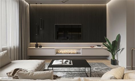 Pallacio on Behance Bio Fireplace Living Rooms, Salons Cottage, Dark Walls Living Room, Bio Fireplace, Modern Style Living Room, Room With Fireplace, Cottage Living Rooms, Living Room Shelves, Hanging Shelf