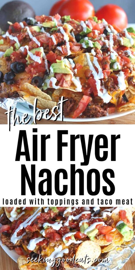 Air Fryer nachos are both delicious AND easy! Loaded air fryer nachos with ground beef taco meat, lots of melty cheese, and your favorite delicious topping. Feel free to use shredded or ground chicken, pork, or even go meatless. Make these low carb and keto nachos by using pork rinds instead of chips This air fryer nachos recipe makes a filling appetizer or snack, or a main dish dinner or lunch. Enjoy! Nachos With Ground Beef, Air Fryer Nachos, Ground Beef Taco Meat, Ground Beef Nachos, Beef Taco Meat, Loaded Nachos Recipe, Keto Nachos, Nachos Recipes, Air Fryer Recipes Beef