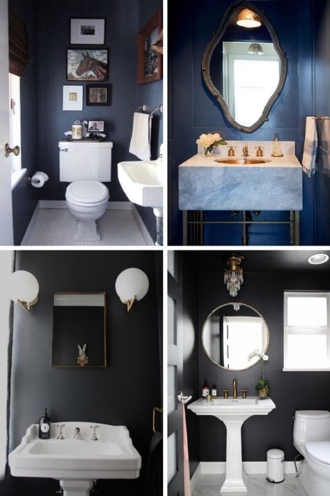 Unsure of what to do with your vanity bathroom? Go bold! Painting a small space with a dark color is a dramatic way to turn a few square feet into a masterpiece. This mood board was the inspiration for Bruno’s bathroom makeover inside the 2017 @Curbly House. Click through to see his proud results using Sherwin-Williams Naval SW 6244, a gorgeous deep blue that evokes a Gatsby-esque elegance. Small Dark Bathroom, Tiny Bathroom Makeover, Small Bathroom Paint Colors, Best Bathroom Paint Colors, Bathroom Wall Colors, Best Bathroom Colors, Small Bathroom Paint, Small Bathroom Colors, Dark Bathrooms