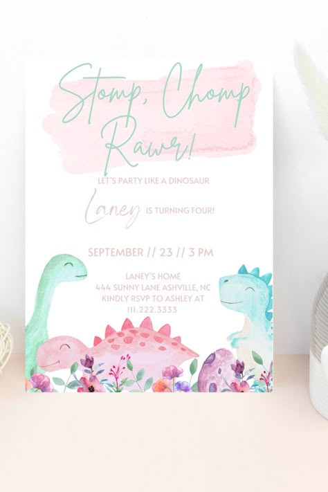 Stomp, Chomp Rawr! Pink Dinosaur Invitation Template, Pink Dinosaur Invitations, 3 Rex Girl Party, Dinofour Birthday Party Girl, Stomp Chomp Roar Birthday, Pastel Dinosaur Party, Dino Girl Party, Girl Dinosaur Birthday Party, Dinosaur Birthday Invite