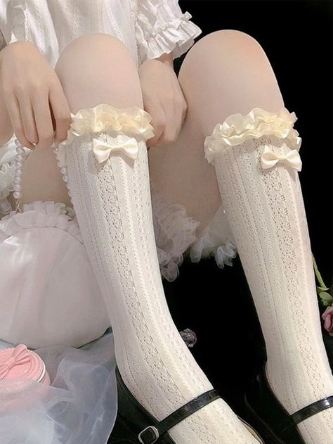 Beige  Collar  Knitted Fabric Plain Over the Calf Socks Embellished   Women Socks & Hosiery Medias Aesthetic, Cute Socks Aesthetic, Beige Socks, Aesthetic Socks, Leg Warmers Pattern, Socks Aesthetic, Kawaii Socks, Over The Calf Socks, Bow Decor