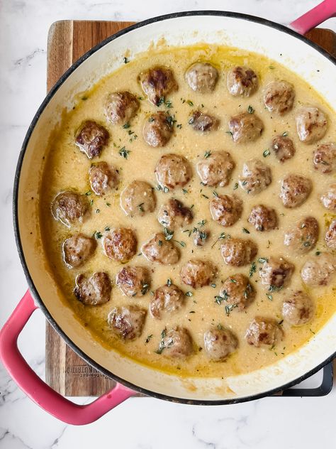 Easy Swedish Meatball Swedish Meatballs From Frozen, Stove Top Swedish Meatballs, Kielbasa And Tortellini, Tortellini And Kielbasa, Meatball Gravy Recipe, Sheet Pan Kielbasa, Swedish Meatball Gravy, Bake Meals, Easy Swedish Meatball Recipe