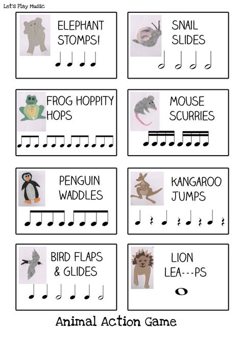 This Animal Actions Rhythm Game is the perfect way to get things moving and practice listening skills at the same time. Kids always love pretending to be different animals so this is a game that’ll get everyone engaged while learning to recognise their note values. How To play The Animal Actions Rhythm Game    – … Rhythm Lessons Elementary, Music For Elementary Students, Elementary Music Lessons Fun Games, Outdoor Music Games, Teaching Music To Preschoolers, Music Elementary Classroom, Kindergarten Music Activities, Music Kindergarten, Kindergarten Music Lessons