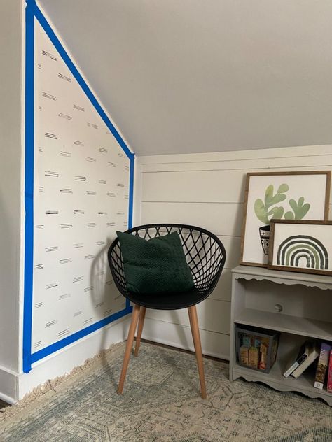 Color blocking may be a newer trend but I hope it’s here to stay! It’s such a great way to add character to a space for the cost of some paint. If you don’t want to paint an entire wall, it’s a perfect way to add a splash of color. It’s perfect in a small space OR to break up a large space!! Tape off your design       For my specific area, I chose to use the sloped ceiling as a guideline.  This made a trapezoid type design, but the options are endless. I’ve seen circles, semi circles,… Corner Color Block Wall, How To Paint Rounded Corner Walls, Semi Circle Painted Wall, Color Block Wall Decal, Triangle Painted Wall Amaze Me, Painting Over Wallpaper, Cube Storage Shelves, Timber Shelves, Front Door Makeover