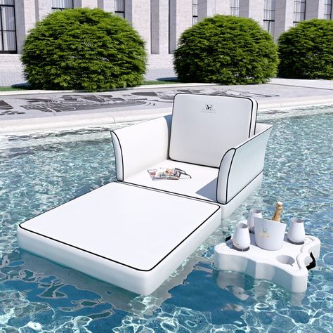 In Pool Furniture, Pool House Furniture, Pool Float With Canopy, Swimming Pool Gadgets, Modern Pool Furniture, Pool Floats Aesthetic, Pool Decoration Ideas, Pool Furniture Ideas, Floats For Pool