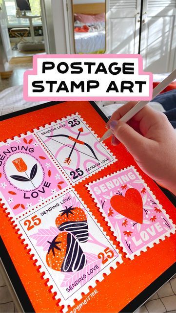 Megan Roy on Instagram: "A look at the illustration process for my “Sending Love” postage stamp art, drawn in Procreate on an iPad Pro. 💕" Stamp Illustration Design, Postage Stamp Illustration, Stamp Card Design, Stamp Illustration, Stamp Drawing, Valentine Stamps, Illustration Process, Postage Stamp Design, Bakery Branding