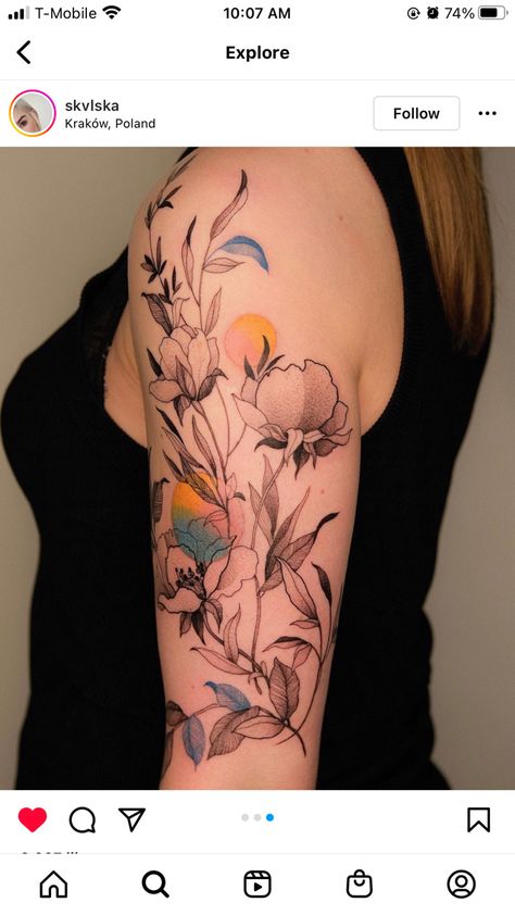 Sleeve Tattoo With Quote, Tattoo With Quote, Flower Sleeve Tattoo, Watercolor Tattoo Sleeve, Colorful Sleeve Tattoos, Tiny Bird Tattoos, Tattoo Unique, Arte Aesthetic, Tattoo Aesthetic