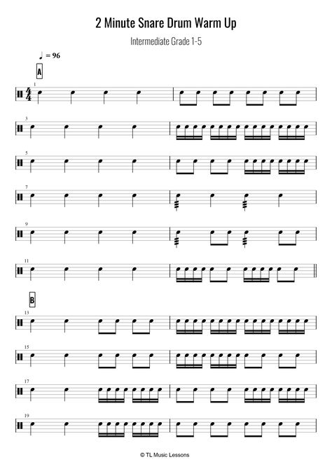 Difficulty Level: Beginners, Grades 1-2, Grades 3-4 Intermediate, Grades 5-6 Tags: accents, snare drum, snare drum exercises, snare drum pieces, subdivisions, technique Beginner Drum Exercises, Snare Drum Sheet Music, Drum Sheet Music Beginner, Tenor Saxophone Sheet Music, Drum Rudiments, Alto Saxophone Sheet Music, Learn Drums, Percussion Music, Drum Notes