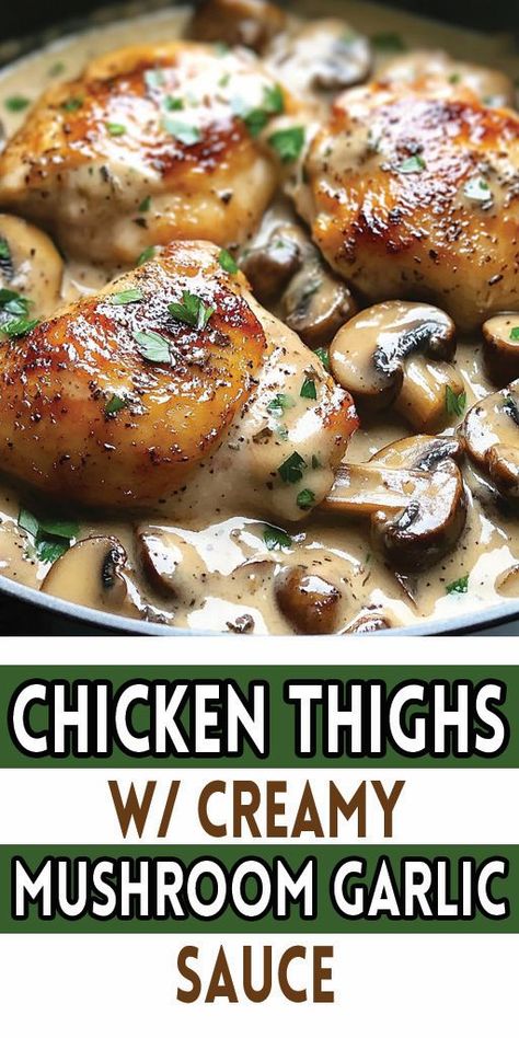 For the Chicken Thighs: 1 ½ pounds boneless chicken thighs (approximately 6-8 fillets), skinless 1 teaspoon onion powder 1 teaspoon garlic powder ½ teaspoon dried thyme ½ teaspoon dried rosemary ½ teaspoon salt ¼ teaspoon black pepper, cracked 2 tablespoons olive oil #Chicken #Thighs #Mushroomsause #Quickrecipe Chicken Thigh Fillet Recipes, Olive Oil Chicken, Rosemary Chicken Thighs, Chicken Fillet Recipes, Mushroom Garlic, Chicken Thighs Dinner, Chicken Thighs Mushrooms, Creamy Mushroom Chicken, Chicken Thighs Recipes