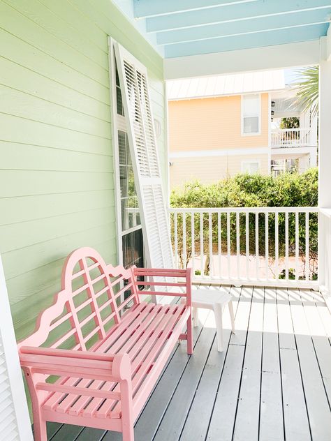 1960s Beach House, 30a Florida Aesthetic, Beach Cottage On Stilts, Blue Beach House Exterior, Seaside Florida Aesthetic, 30a Aesthetic, Pastel Beach House, Pink Airbnb, Cottage On Stilts