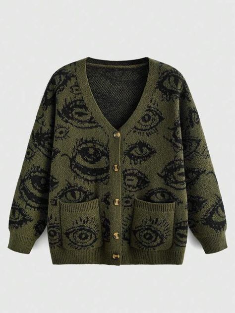 Grunge Punk Cardigan Motif Yeux Épaule tombante | SHEIN Grunge Cardigan, Romwe Sweater, Grunge Fits, Shoulder Cardigan, Drop Shoulder Cardigan, Eye Pattern, Grunge Punk, Halloween Fashion, V Neck Cardigan