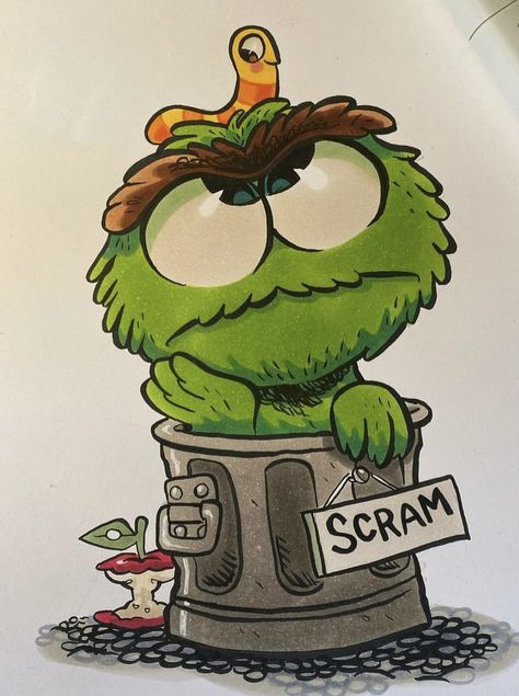 Things To Draw Cartoon Characters, Oscar The Grouch Tattoo, Cartoon Drawings Doodles, Drawing Ideas With Color Markers, Fun Characters To Draw, Mean Cartoon Characters, Cartoon Character Doodles, Muppet Drawings, Easy Copic Marker Drawings