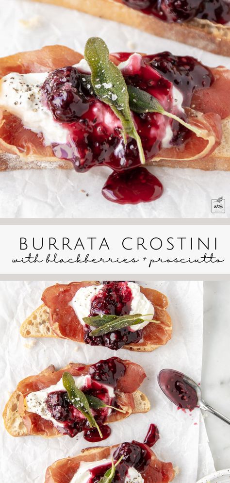 This creamy burrata crostini is layered with crispy prosciutto, a sweet and tangy blackberry honey sauce and fragrant fried sage leaves. Serve with sparkling wine for the best summer appetizer. Follow me on Pinterest for more recipes like this. Chia Seed Breakfast Pudding, Burrata Crostini, Blackberry Honey, Burrata Recipe, Fried Sage, Blackberry Sauce, Crispy Prosciutto, Make Ahead Appetizers, Honey Sauce