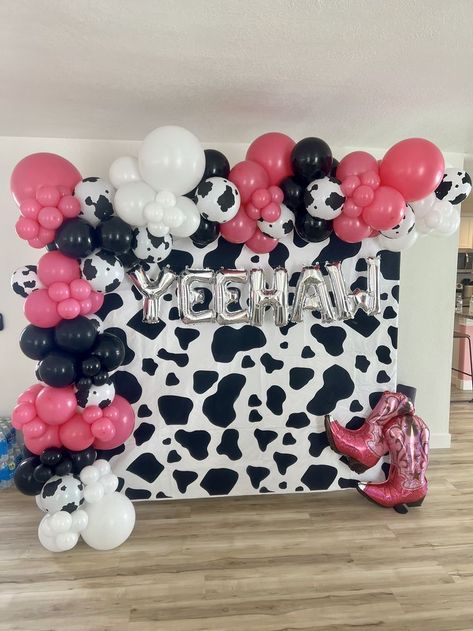 Cowgirl Birthday Party 25, Pink Cowgirl Party Backdrop, Cowgirl Birthday Backdrop Ideas, Pink Cow Print Theme Party, Last Rodeo 30th Birthday, Cow Print Photo Backdrop, Rodeo Party 21, Cowgirl Backdrop Western Theme, Yee Haw Birthday Party