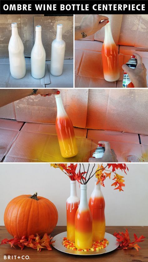 Halloween Wine Bottle Crafts, Diy Fall Decorations, Fall Wine Bottles, Halloween Wine Bottles, Wine Bottle Crafts Christmas, Jars Diy, Wine Bottle Vases, Wine Bottle Centerpieces, Wedding Wine Bottles