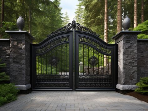 House With Gate Entrance, Luxurious Gate Design, Front Entrance Gates Driveways, Brick Gate Entrance Driveway, Gates And Fences Driveway, Mansion Gates Entrance, Big Gates Entrance, Farmhouse Driveway Entrance, Luxury Gate Entrance