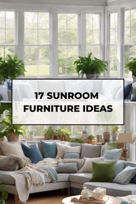 17 sunroom furniture ideas displayed in a bright sunroom with large windows and lush greenery. 4 Season Porch Furniture Ideas, Sunroom Breakfast Area, Modern Farmhouse Sunroom Ideas, Closed In Sunroom Ideas, Sun Room Home Additions, Coastal Sunroom Ideas, Sunroom Decorating Ideas Farmhouse Style, Decorate A Sunroom, Sunroom Decorating Ideas Indoor