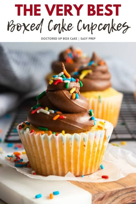 Vanilla Cupcakes Box Recipe, Vanilla Cake Mix Cupcakes, Best Cupcake Recipe Box Vanilla Cake, Moist Boxed Cupcakes, Vanilla Cupcake With Chocolate Frosting, Vanilla Cupcake Recipe From Box Cake Mixes, Best Box Cupcake Recipe, Cupcake Recipes Box Cake Mixes, Cake Box Cupcake Recipes