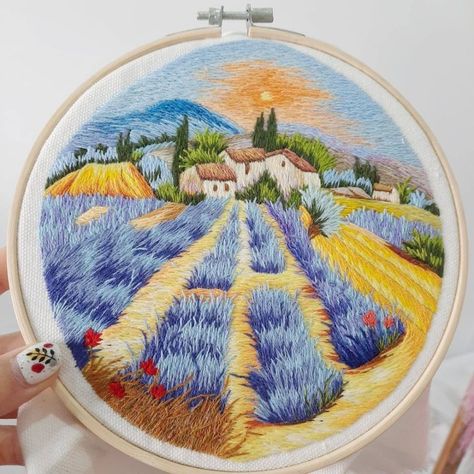 Hand Embroidery World (@handembroideryworld) • Instagram photos and videos Field Embroidery, Landscape Embroidery, Field Landscape, Lavender Field, Embroidery Needles, Lavender Fields, Embroidery Craft, Embroidery Fabric, Lavender Flowers