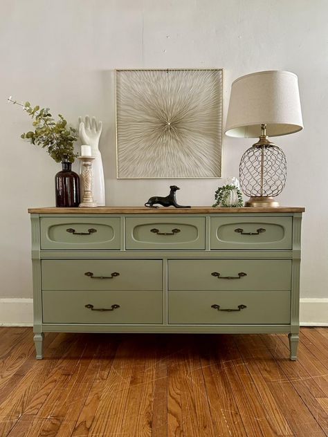 General Finishes Water Based Stain, Antique Oak Dresser, Green Painted Furniture, Water Based Wood Stain, General Finishes Milk Paint, Furniture Design Ideas, Oak Dresser, 7 Drawer Dresser, General Finishes