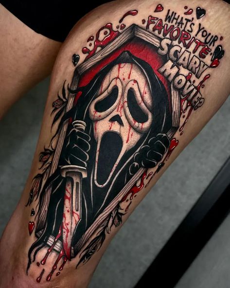 Poster Style Scream Tattoos Tattoos Ghostface, Scream Tattoos, Ghost Tattoo Ideas, Chucky Tattoo, Halloween Tattoos Sleeve, Pretty Hand Tattoos, Movie Tattoos, Ghost Tattoo, Scary Tattoos