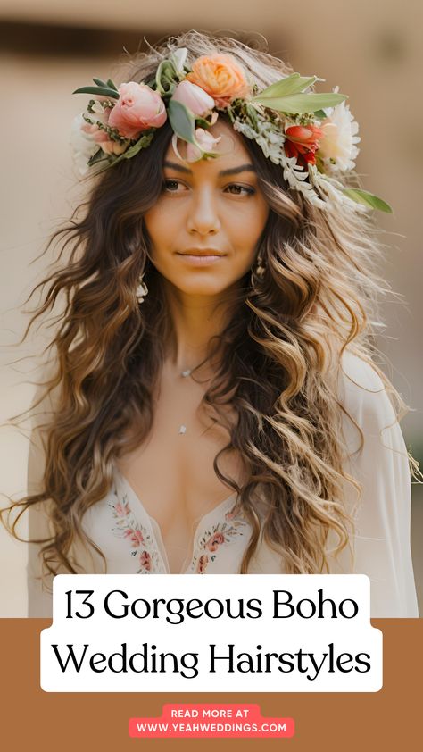 A stunning bride with loose, wavy hair styled in a boho chic look, adorned with delicate floral accessories, perfect for a bohemian-inspired wedding. Boho Wedding Hairstyles Updo, Boho Bride Hairstyles, Boho Wedding Hair Flowers, Boho Beach Bride, Boho Chic Hair, Boho Wedding Hairstyles, Romantic Braid, Chic Ponytail, Bohemian Wedding Hair