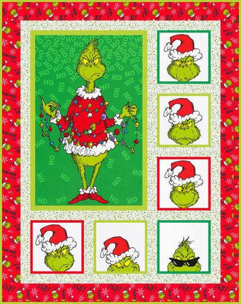 Grinch Quilts Ideas, Robert Kaufman Fabrics Free Pattern, Grinch Quilt, Quilt Videos, Grinch Crafts, Fun Quilts, Le Grinch, Quilt Backs, Panel Quilt Patterns