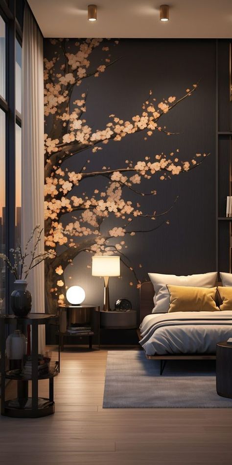 Modern and Luxurious Apartment with Golden Cherry Blossom Decor Modern Asian Living Room, Cherry Blossom Wall Mural, Japanese Decor Ideas, Japanese Living Room Decor, Cherry Blossom Bedroom, Asian Style Bedrooms, Small Luxury Apartment, Asian Bedroom, Indochine Interior