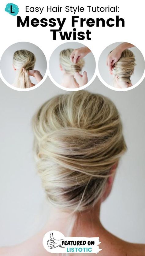 Easy hair style tutorial for a messy French twist. The best easy hair tutorial for anyone looking to achieve an elegant look. This messy French twist looks super formal, and it's perfect for second or even third day hair. The perfect look for all formal events! See the full list of featured hairstyles and more idea lists over on Listotic! #hairstyles #tutorials #diy Easy Diy Formal Hairstyles For Long Hair, Easy Formal Hairstyles For Fine Hair, Easy Twist Updo, Easy Classic Hairstyles, Elegant Updos For Medium Hair Tutorial, Easy Up Dos For Fine Medium Hair, How To Put Hair Up, Long Hair For Office Hairstyle Ideas, How To French Twist Hair