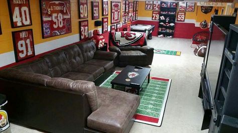 Kc Chiefs Man Cave, Kansas City Chiefs Man Cave Ideas, Chiefs Man Cave, Football Man Cave, Chiefs Kingdom, Man Cave Basement, Chiefs Football, Sports Room, Fan Cave