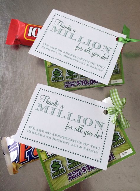 Thanks A Million lottery ticket and candy bars for teacher appreciation. Thanks A Million, Staff Appreciation Gifts, Volunteer Gifts, Lottery Ticket, Client Appreciation, Staff Gifts, Employee Appreciation Gifts, Staff Appreciation, Work Gifts