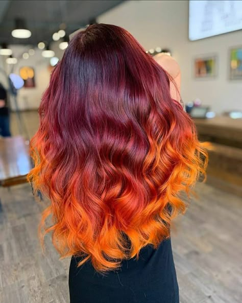 Fire Ombre Hair, Fire Hair Color, Phoenix Hair, Sunset Hair, Fiery Sunset, Red Ombre Hair, Fire Hair, Vivid Hair Color, Creative Hair Color