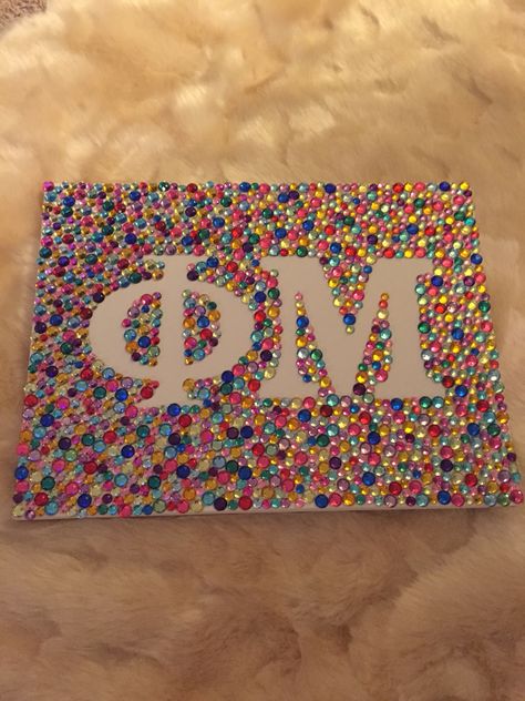 Sorority canvas #phimu #sorority #rhinestonecanvas Easy Sorority Canvas, Sorority Big Little Baskets, Diy Sorority Crafts, Sorority Canvas Ideas, Sorority Gifts Diy, Alpha Chi Omega Canvas, Sorority Canvas Paintings, Sorority Diy, Big/little Baskets