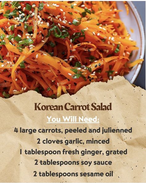 Veggie Recipes Asian, August Meal Ideas, Quick Salad Ideas, Vegetarian Recipes Asian, Korean Summer Food, Asian Side Dishes, Resep Diet, Hearty Salads, Carrot Salad