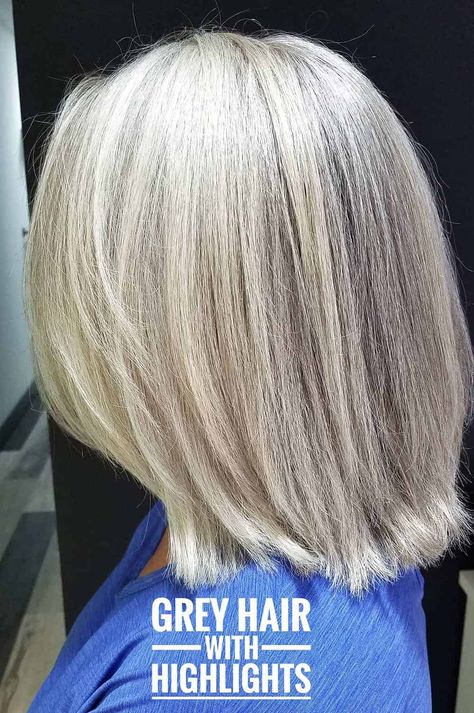 White Gray Hair Color, Silver Blonde Highlights, Hair With Grey Highlights, Greyish Blonde Hair, Blonde Hair With Grey Highlights, White Hair Highlights, Grey Transition, Natural White Hair, Bob Color