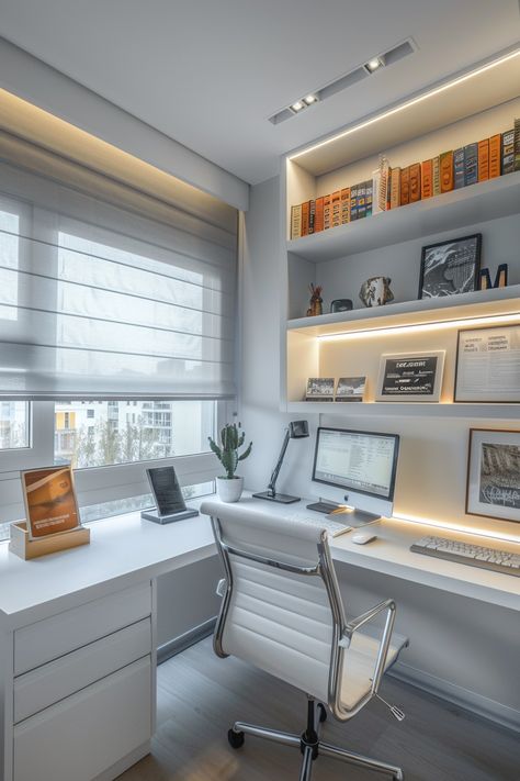 Serene & Stylish Home Office: A Modern Setup for Peak Productivity White Office Setup, Dual Office Ideas Home, Corner Desk Setup, Standing Desk Setup, White Corner Desk, White Bookshelf, Desk Lighting, Stylish Home Office, White Bookshelves